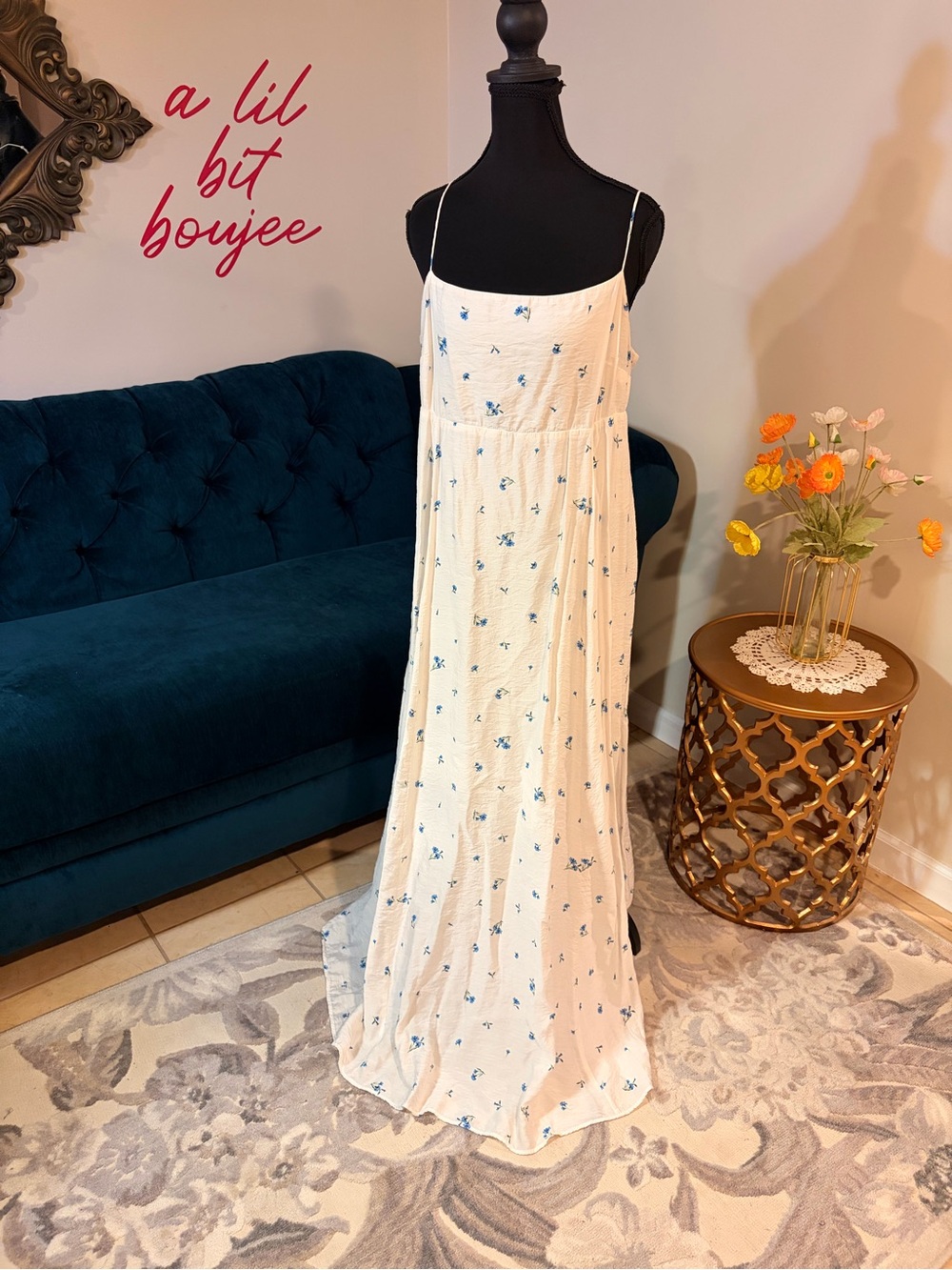 H&M White & Blue Floral Maxi Dress | Open Back Tie | Size Large